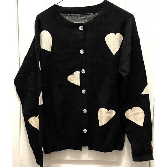 Sweaters - Womans Knit Cardigan Button Down Open Front Sweater with Beige Hearts Size Large